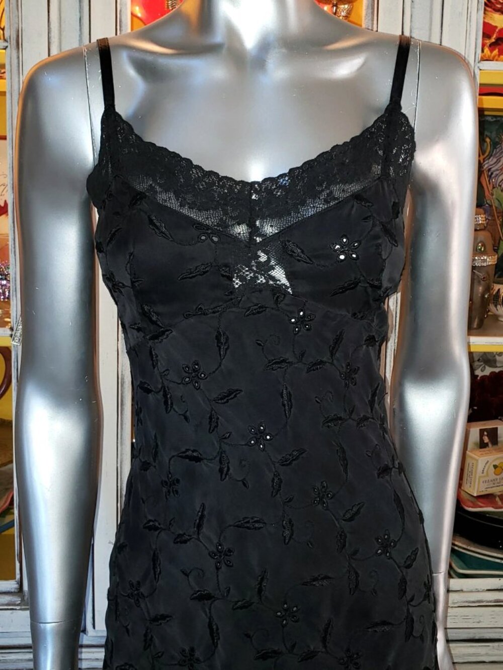 Vintage Betsey Johnson ULTRA Black Silk Embroidered Floral Lace Slip Dress Small - Picture 13 of 15